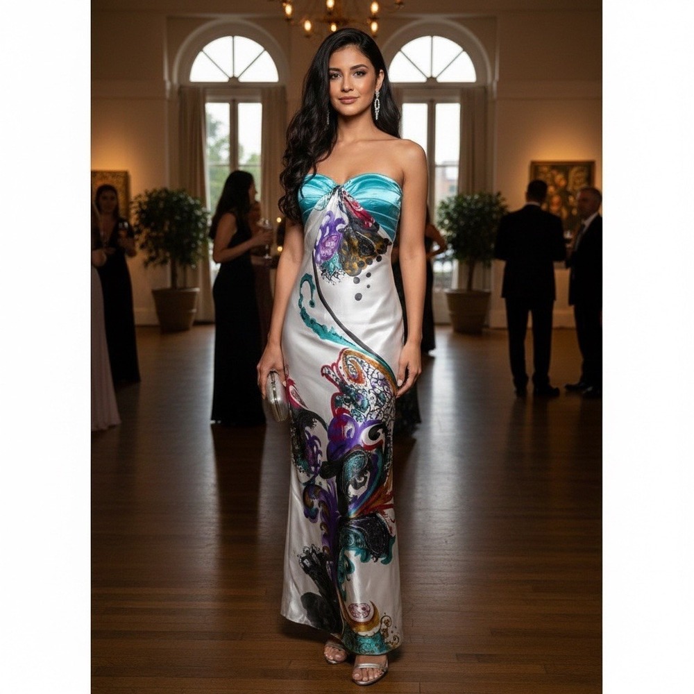 La Femme Satin Cut Out Maxi Dress in Paisley Multicolor size 6